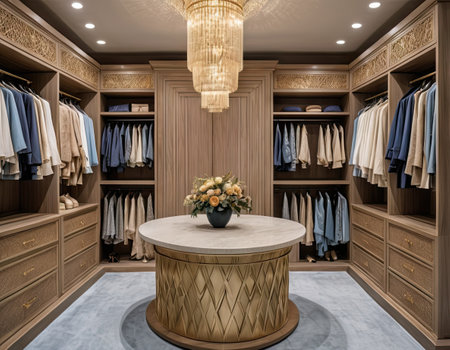 3d render of a luxury dressing room with wooden wall and floorの素材