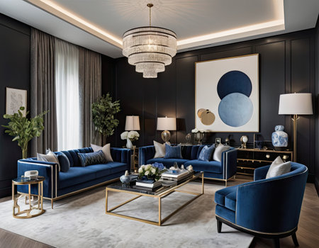 Luxury living room interior with blue sofa and armchairs. 3d renderの素材