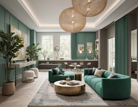 Luxury living room with green walls, wooden floor, green sofa and round coffee table. 3d renderingの素材