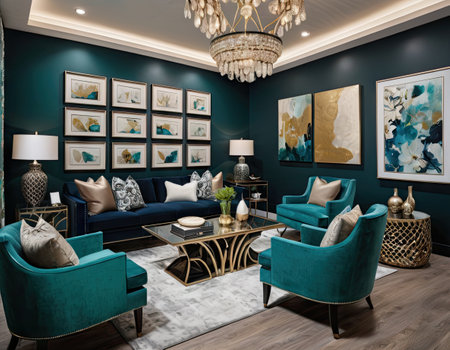 Luxury living room interior design with blue armchairs, coffee table and paintings. 3d renderの素材