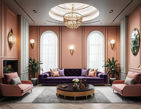 Luxury living room with pink walls, wooden floor, purple sofa and armchairs. 3d renderingの素材