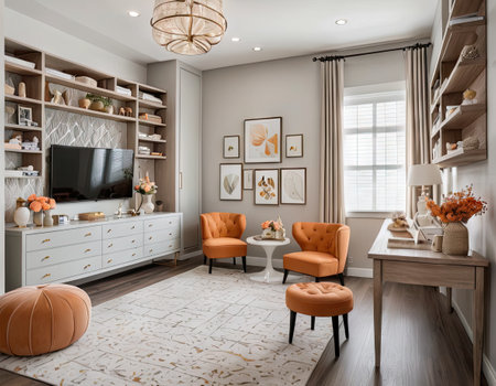 Modern living room interior design with orange armchair and wooden commodeの素材