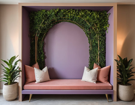 Interior of a modern living room with a pink sofa, ivy and plantsの素材
