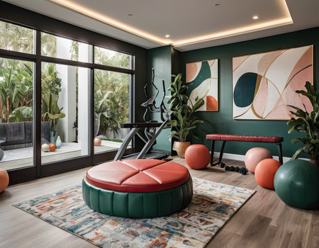 Interior of a fitness studio with green walls and wooden floor. 3d renderingの素材