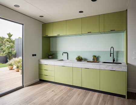 Interior of modern kitchen with green walls, wooden floor and green countertopsの素材