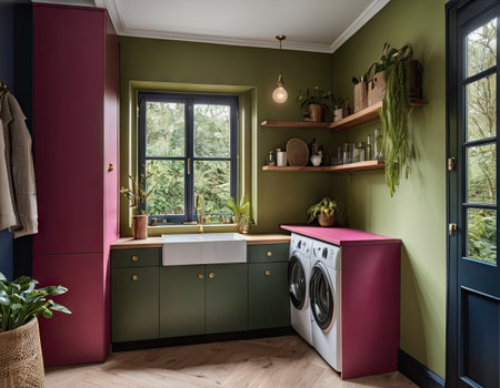 Interior of a modern kitchen with green and pink walls, wooden floor, white sink and washing machine. 3d renderingの素材