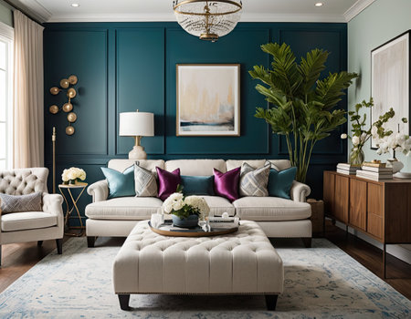 Luxury living room interior with furniture, 3d render illustrationの素材