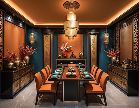 3d rendering luxury dining room with chinese style decor and lightingの素材