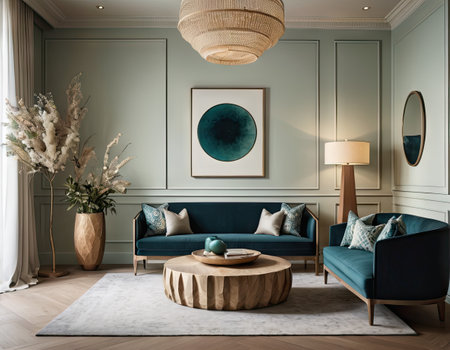Luxury living room interior with green walls, wooden floor, round coffee table, blue sofa and armchair. 3d renderの素材