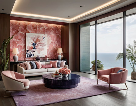 Modern living room interior design with pink armchairs and a large window overlooking the seaの素材