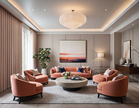3d rendering luxury living room and dining room with sofasの素材