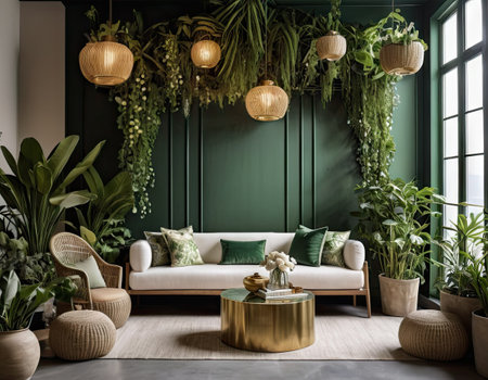 Green living room interior with sofa, plants and decorations. 3d renderの素材