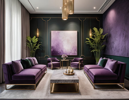 Luxury living room interior design with purple sofa, armchair and coffee table. 3D renderingの素材