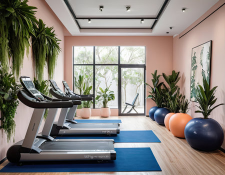 Interior of a fitness room with exercise equipment. 3d renderingの素材