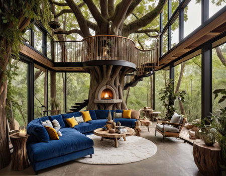 Modern living room interior design with blue sofa, armchairs, coffee table and big tree. 3d renderingの素材