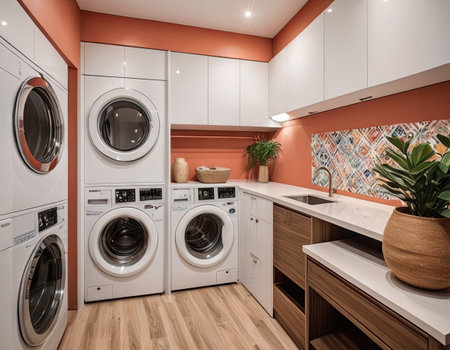 Laundry room with modern washing machine and appliances. Nobody insideの素材