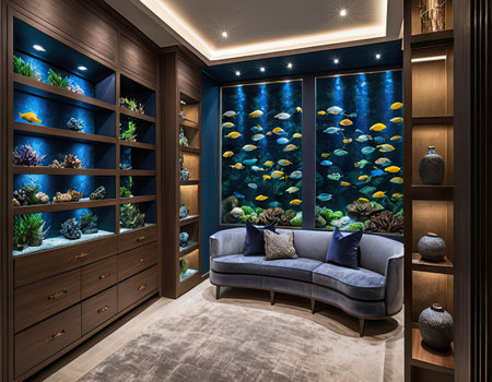 3D rendering of a beautiful aquarium in the interior of the roomの素材