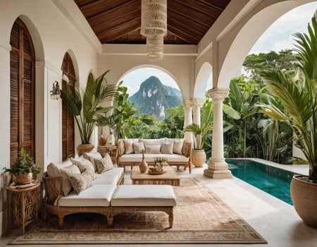 Luxury villa with swimming pool and tropical plants. 3d renderingの素材