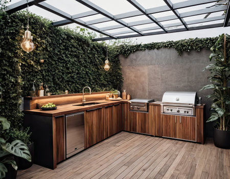 Interior of modern kitchen with wooden and concrete walls, wooden floor, built in sink and cooker. 3d renderingの素材