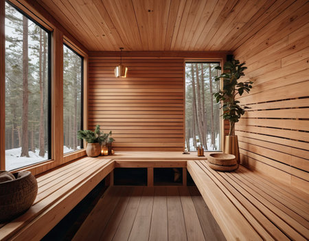 Interior of a wooden sauna with a beautiful view of the forestの素材