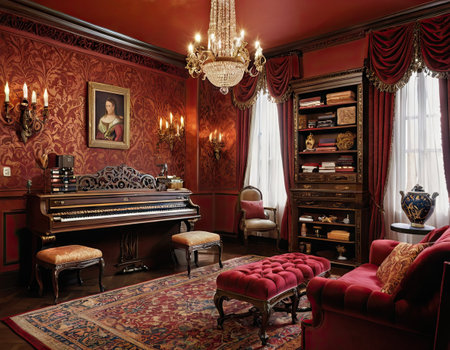 Luxury interior of an old baroque house with a pianoの素材