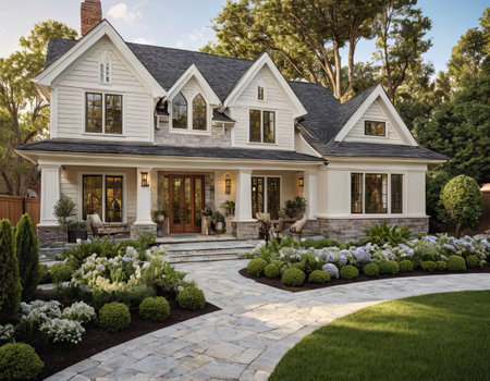 Luxury home with stone walkway and garden. Northwest,の素材