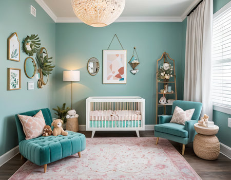 Interior of a baby room with blue armchair and green sofaの素材
