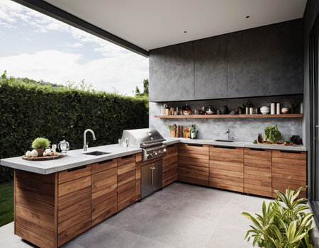 3d rendering of a modern kitchen in a house with a beautiful gardenの素材