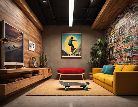 Interior of a modern living room with a yellow sofa and a skateboardの素材
