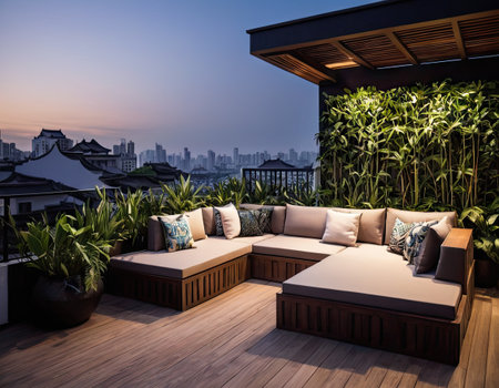 Outdoor terrace with sofa and pillows overlooking the city at nightの素材