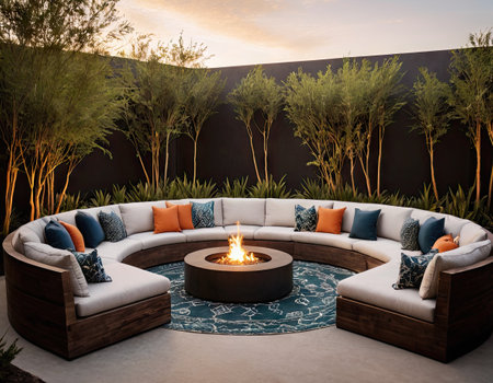 Sofa with cushions and a burning fire in the eveningの素材