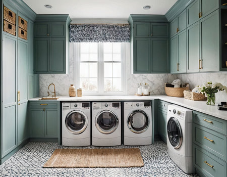 Laundry room interior with modern washing machine. 3d renderingの素材