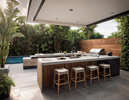 3d rendering of modern and beautiful kitchen in villa with swimming poolの素材