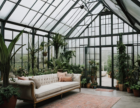 Interior of a greenhouse with plants and a sofa in a modern styleの素材