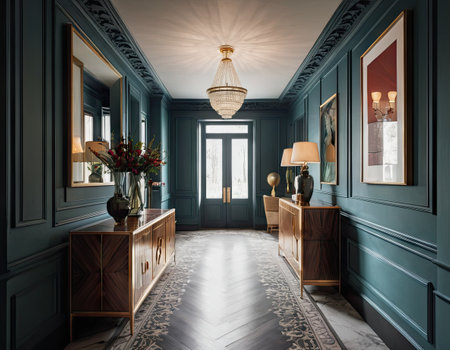 Classic interior of classic living room with blue walls, classic furniture and wooden floor. 3d renderの素材