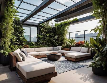 interior of modern living room with sofa and garden view, stock photoの素材