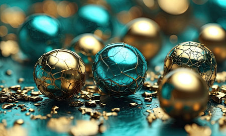 Golden and blue christmas balls on a blue background. 3d renderingの素材
