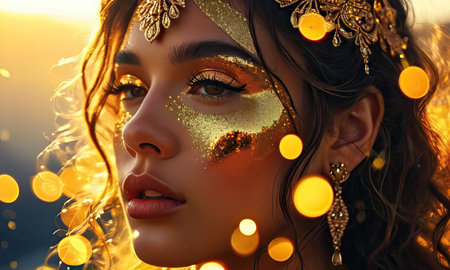 Fashion portrait of beautiful young woman with golden make-up and sparkles on faceの素材