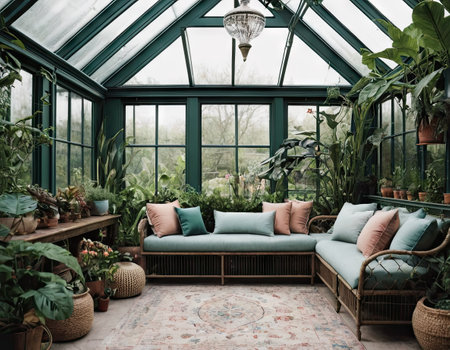 Interior of a green house with plants and cushions, vintage styleの素材
