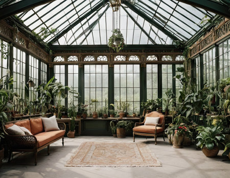 Interior of a botanical garden with plants and vintage furniture.の素材