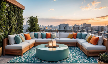 Sofa with pillows on the balcony overlooking the city.の素材