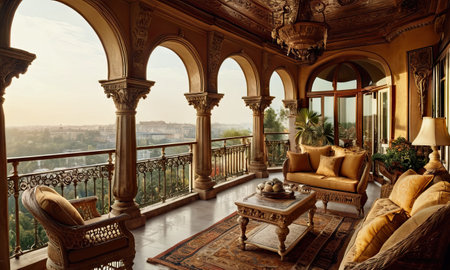 Luxury interior of a room with a balcony overlooking the cityの素材