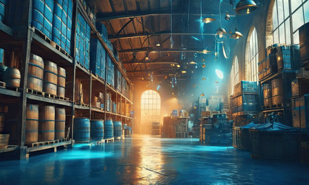Old warehouse with barrels of wine. 3d rendering toned imageの素材