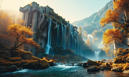 Beautiful waterfall in autumn forest. Colorful autumn landscape in China.の素材