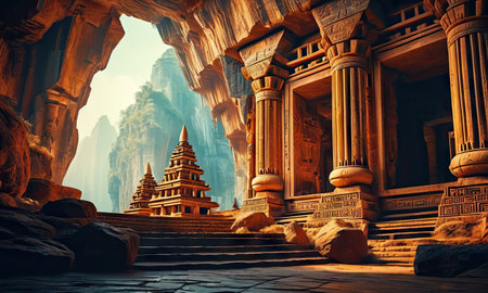 Temple in the mountains of Asia. 3d rendering. Computer digital drawing.の素材