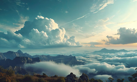 Beautiful Mountain Landscape with Fog and Clouds at Sunrise, Thailandの素材