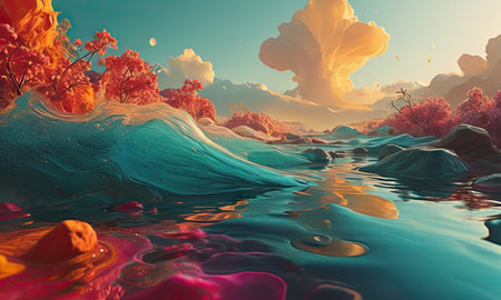 Fantasy landscape with water and clouds. 3d render illustration.の素材
