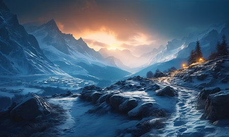Fantastic winter landscape with snow covered mountains and glowing lanterns.の素材