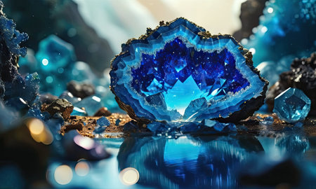 Beautiful blue gemstone with reflection on black background, closeupの素材