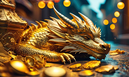 Golden dragon statue with golden coins on dark background. Chinese New Year concept.の素材